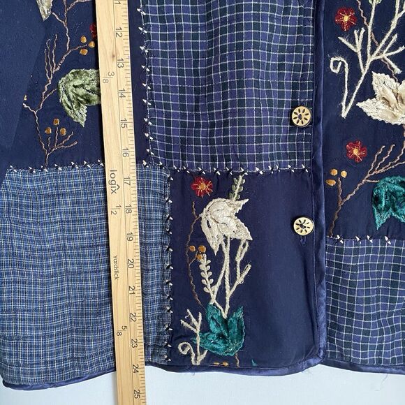 Life Style Patchwork Linen Jacket 1X Navy Floral Embroidered Cottage Boho Granny - Picture 6 of 10